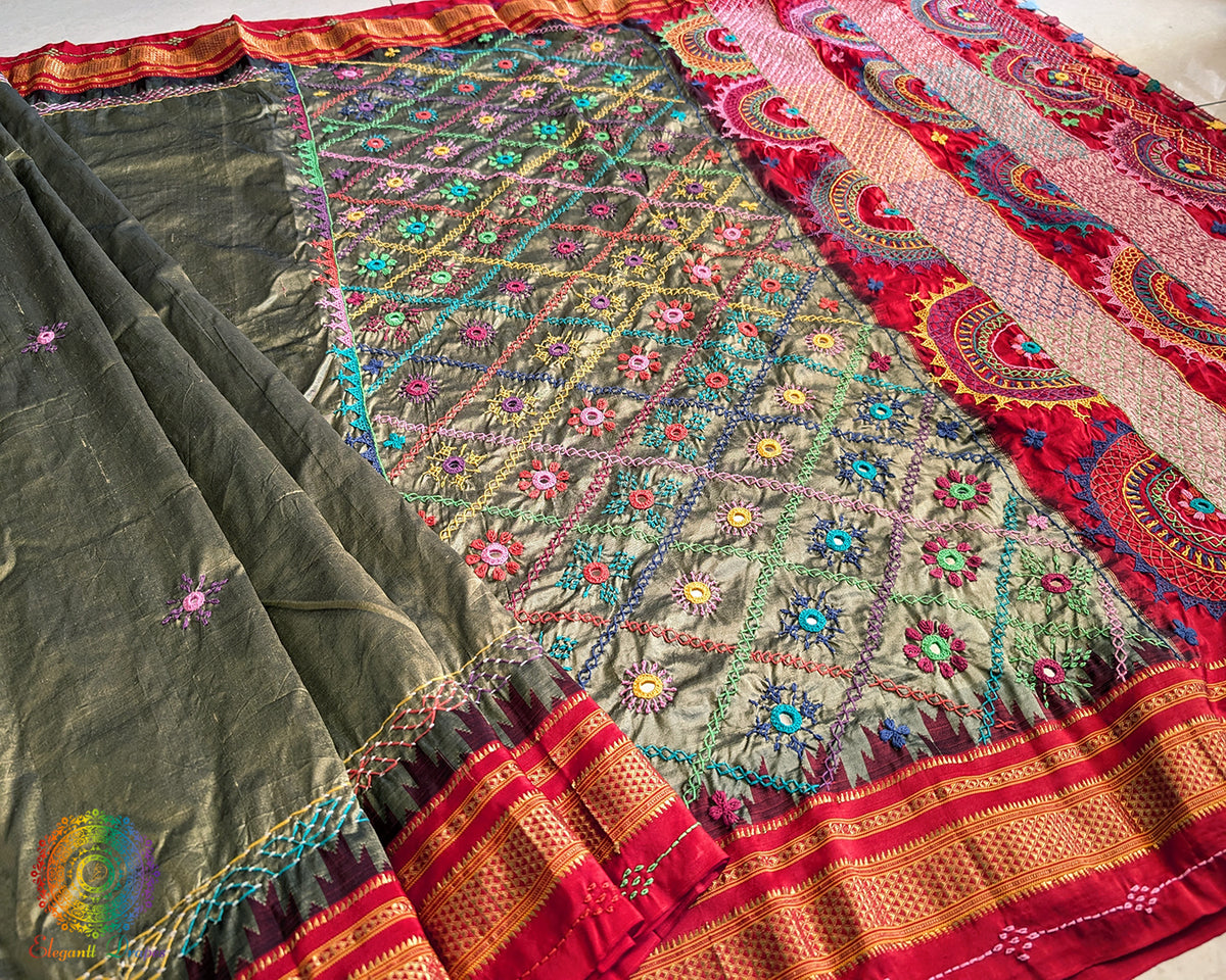 Moss Green Lambani Handwork Pure Ilkal Silk Saree – Ilkal Handloom Saree Online India | Elegantt Drapes