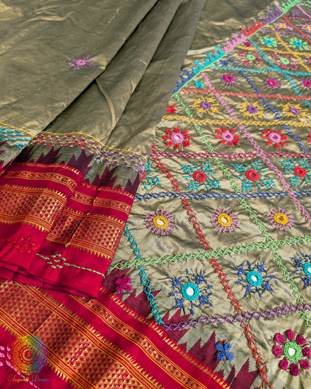 Moss Green Lambani Handwork Pure Ilkal Silk Saree – Ilkal Handloom Saree Online India | Elegantt Drapes