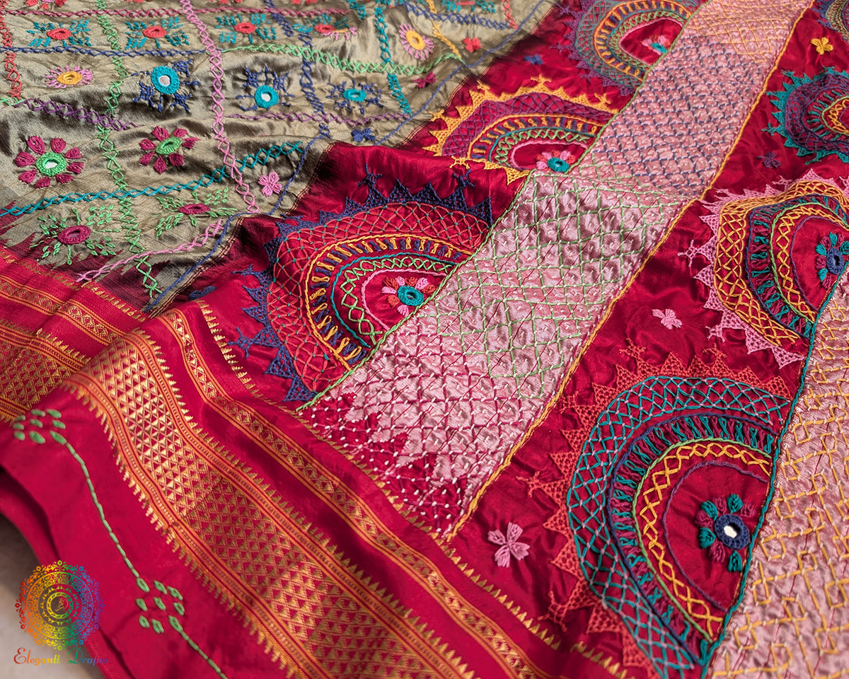 Moss Green Lambani Handwork Pure Ilkal Silk Saree – Ilkal Handloom Saree Online India | Elegantt Drapes