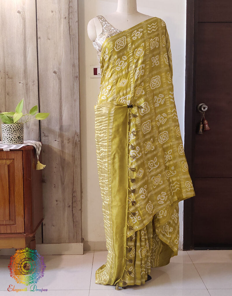 Olive Green Gharchola Bandhani saree drape Blouse