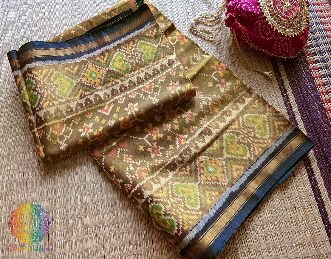 Olive Green Pure Mulberry Silk Rajkot Patola Saree – Handloom Saree Online India | Elegantt Drapes