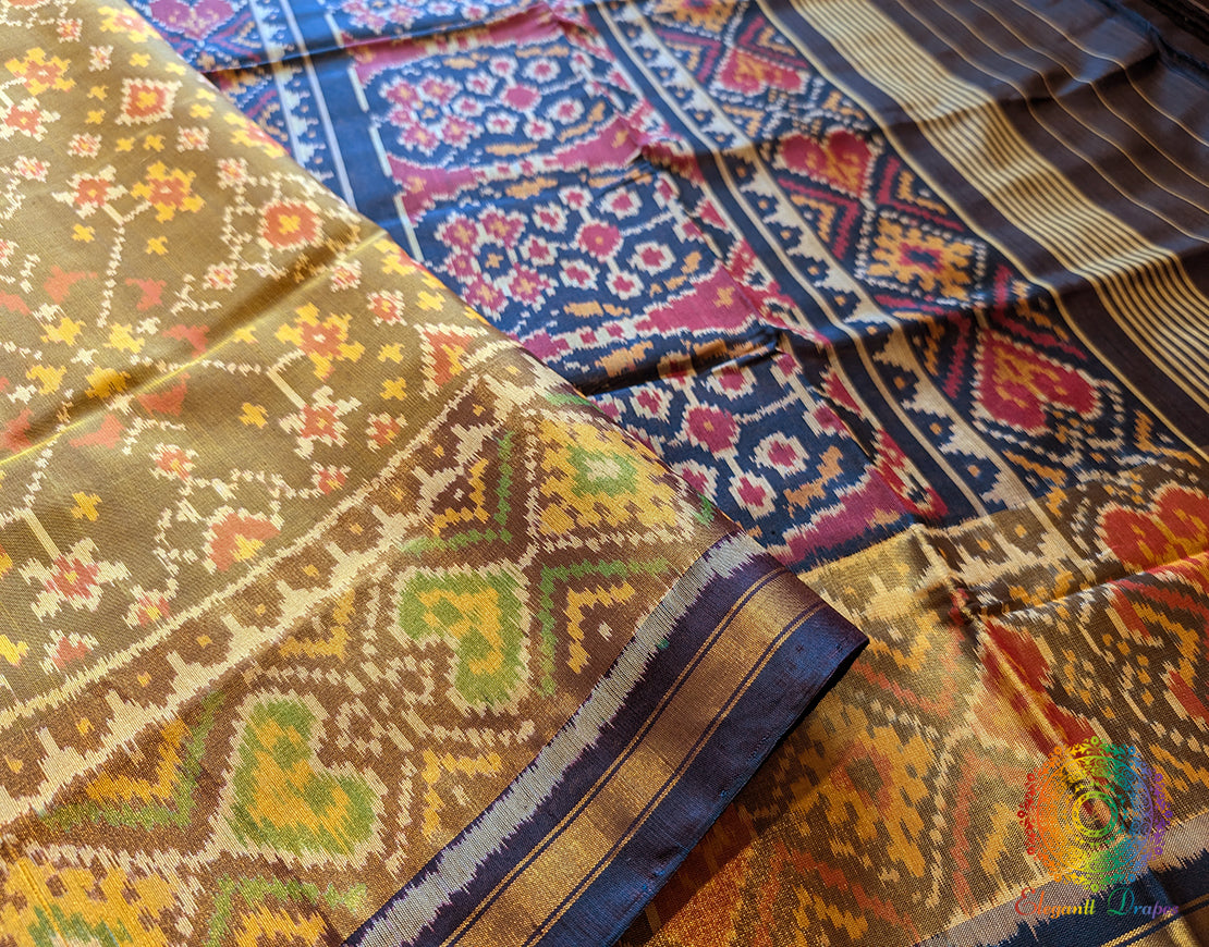 Olive Green Pure Mulberry Silk Rajkot Patola Saree – Handloom Saree Online India | Elegantt Drapes