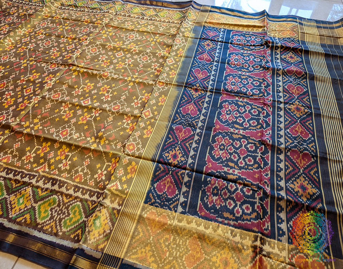 Olive Green Pure Mulberry Silk Rajkot Patola Saree – Handloom Saree Online India | Elegantt Drapes