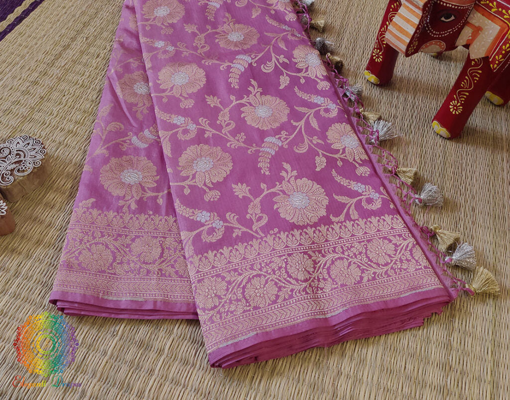 Onion Pink Pure Banarasi Katan Silk Floral Jaal Saree – Handloom Saree Online India | Elegantt Drapes