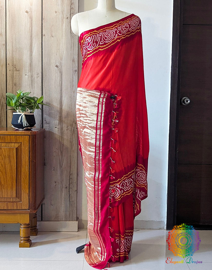 Orange Red Pure Gajji Silk Bandhani Saree – Bandhani Saree Online India | Elegantt Drapes