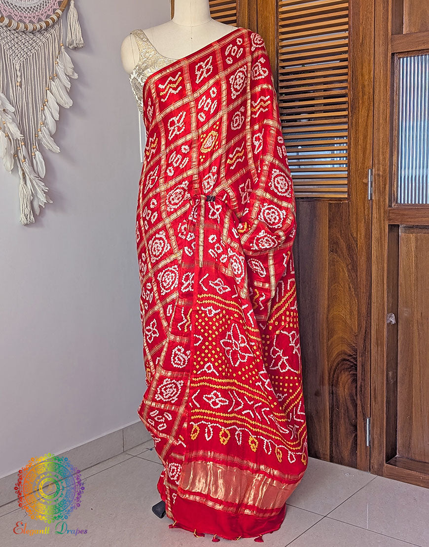 Border detail of Orange Gharchola pure Gajji silk saree