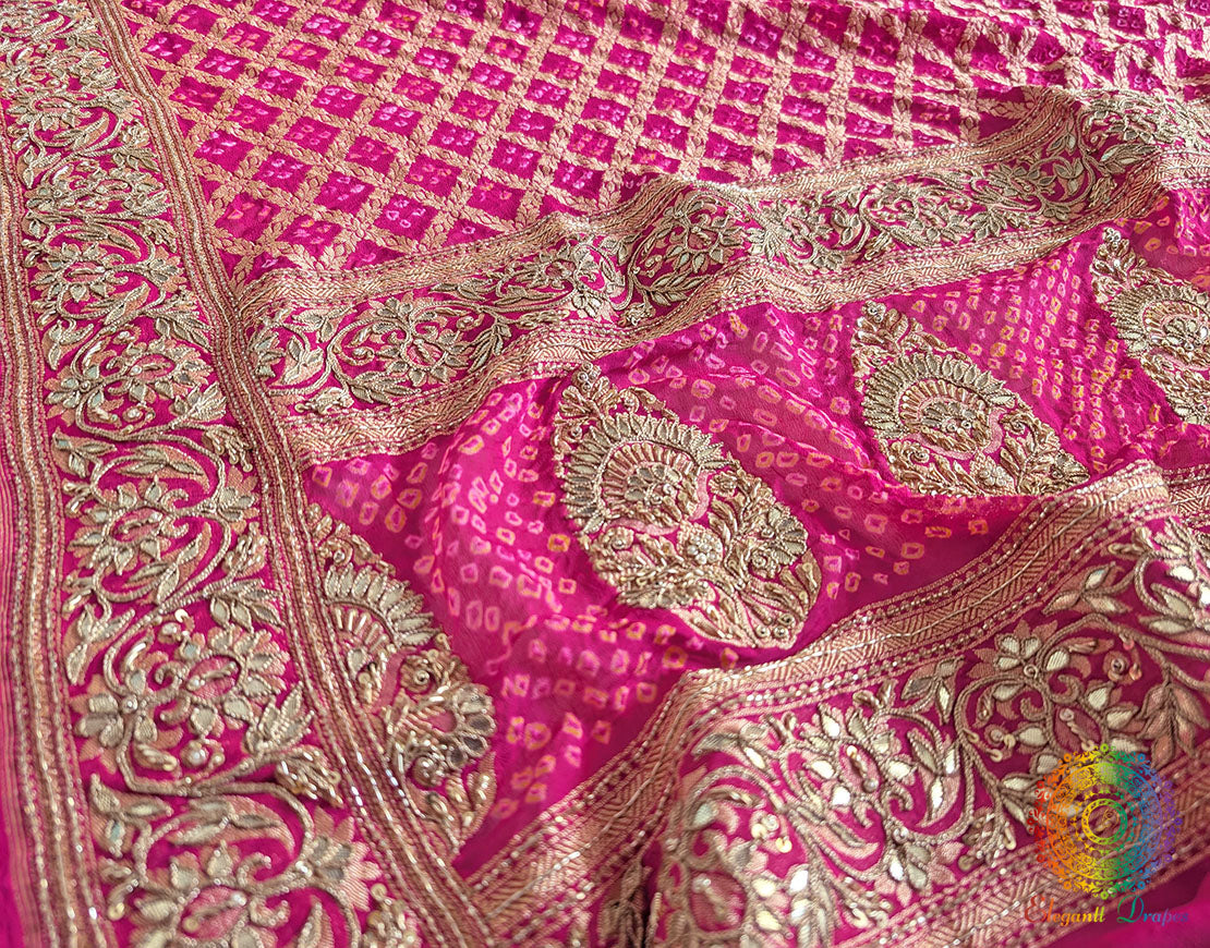 Bridal Pink Bandhani Gota Patti Handwork Dupatta – Bandhani Saree Online India | Elegantt Drapes