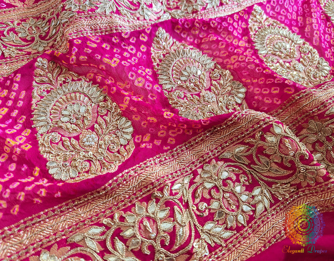 Bridal Pink Bandhani Gota Patti Handwork Dupatta – Bandhani Saree Online India | Elegantt Drapes