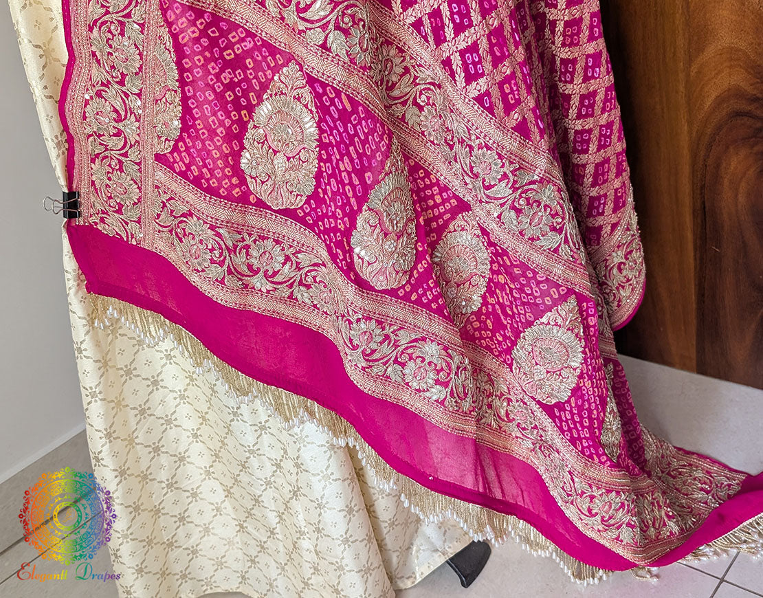 Bridal Pink Bandhani Gota Patti Handwork Dupatta – Bandhani Saree Online India | Elegantt Drapes