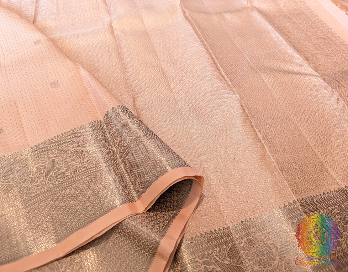 Pale Peach Pure Kanjivaram Silk Saree – Handloom Saree Online India | Elegantt Drapes