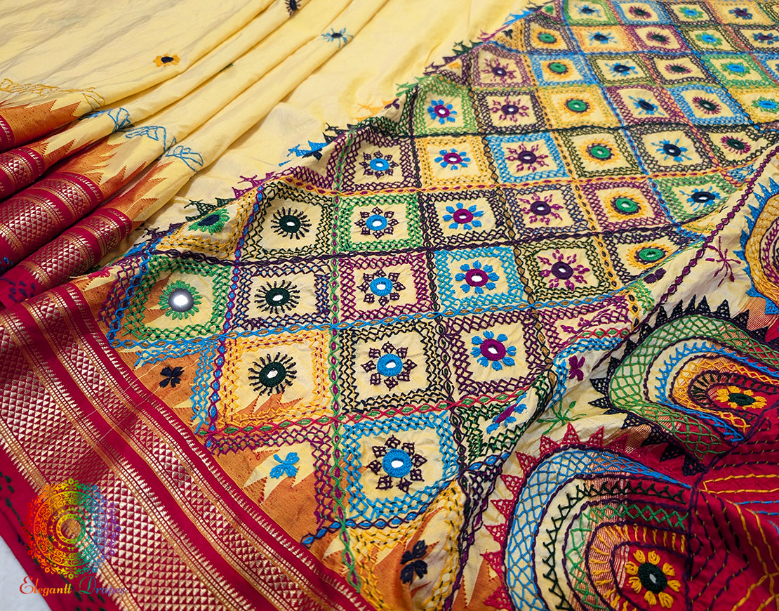 Pale Yellow Pure Ilkal Silk Lambani Handwork Saree – Ilkal Handloom Saree Online India | Elegantt Drapes