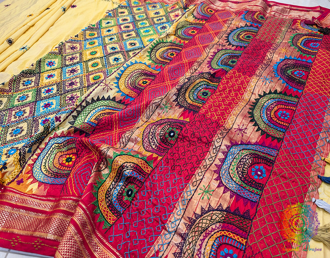 Pale Yellow Pure Ilkal Silk Lambani Handwork Saree – Ilkal Handloom Saree Online India | Elegantt Drapes