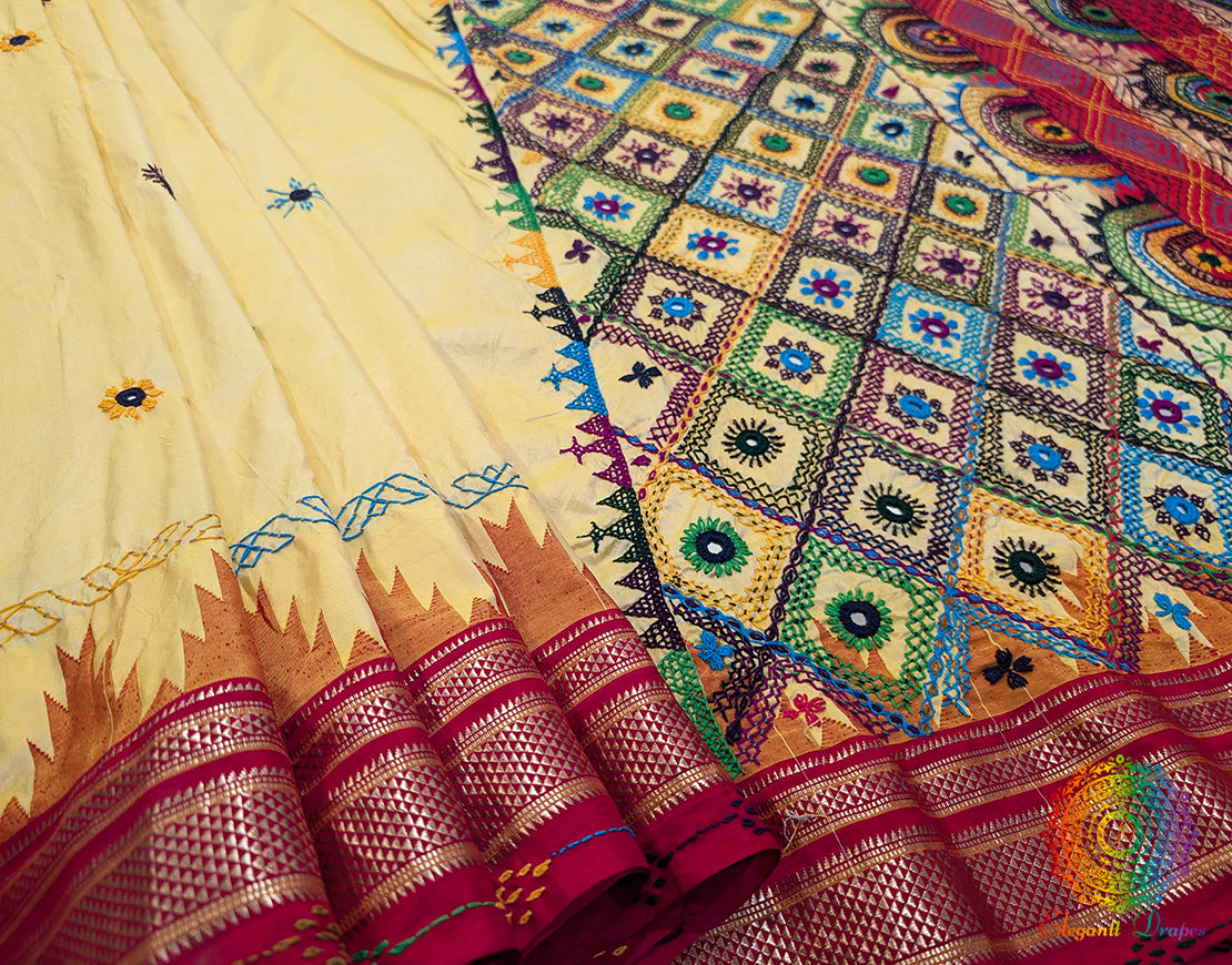 Pale Yellow Pure Ilkal Silk Lambani Handwork Saree – Ilkal Handloom Saree Online India | Elegantt Drapes