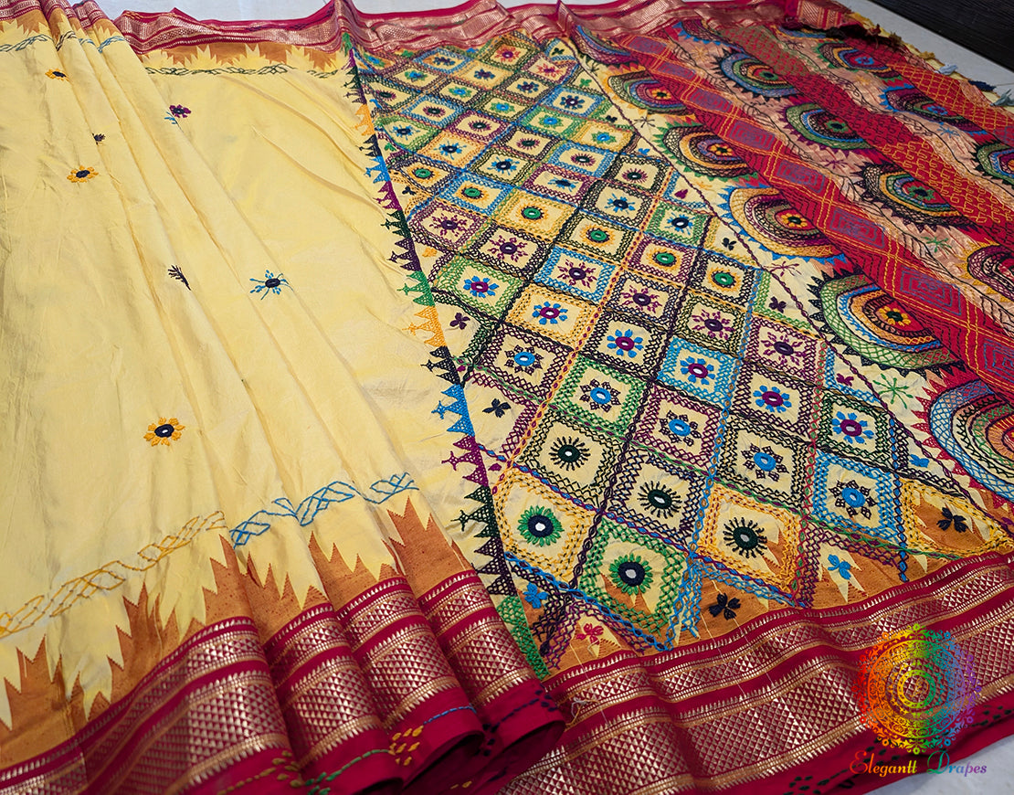 Pale Yellow Pure Ilkal Silk Lambani Handwork Saree – Ilkal Handloom Saree Online India | Elegantt Drapes