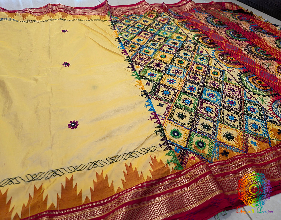 Pale Yellow Pure Ilkal Silk Lambani Handwork Saree – Ilkal Handloom Saree Online India | Elegantt Drapes