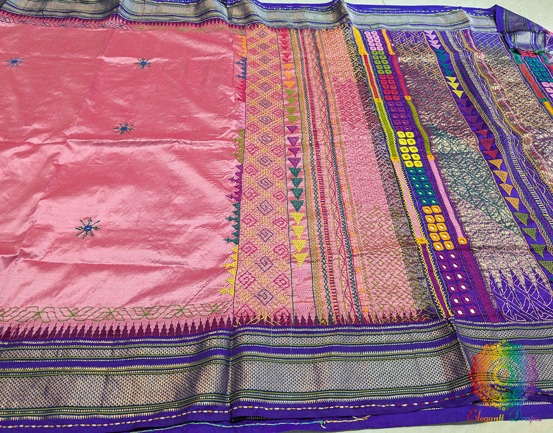 Pink Pure Ilkal Silk Lambani Handwork Saree – Ilkal Handloom Saree Online India | Elegantt Drapes