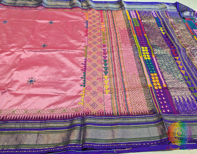 Pink Pure Ilkal Silk Lambani Handwork Saree – Ilkal Handloom Saree Online India | Elegantt Drapes