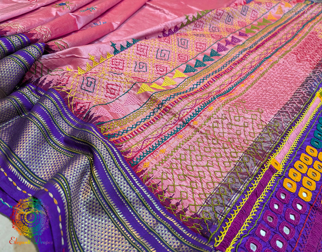 Pink Pure Ilkal Silk Lambani Handwork Saree – Ilkal Handloom Saree Online India | Elegantt Drapes