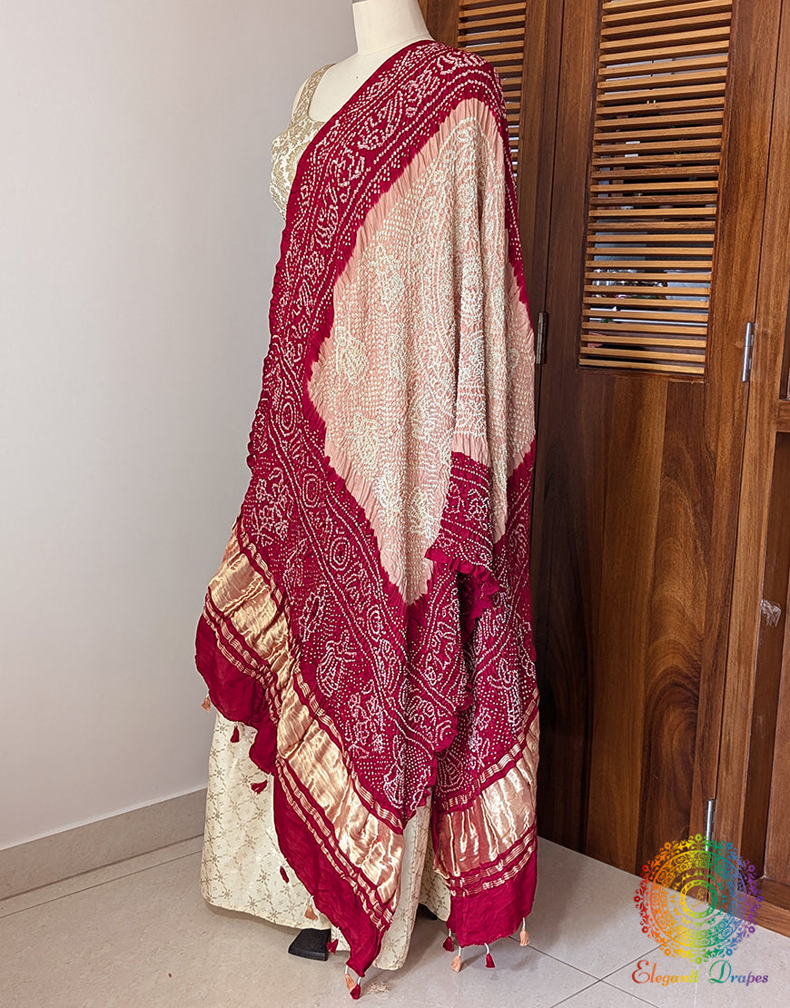 Peach Red Gaji Silk Bandhani Dupatta – Bandhani Saree Online India | Elegantt Drapes