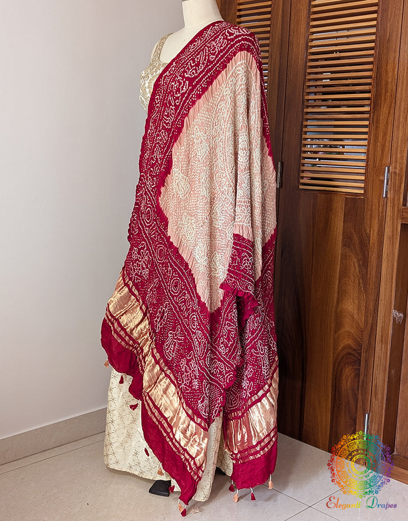 Peach Red Gaji Silk Bandhani Dupatta – Bandhani Saree Online India | Elegantt Drapes