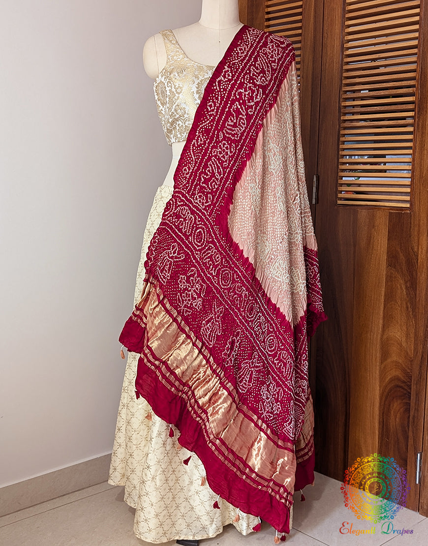 Peach Red Gaji Silk Bandhani Dupatta – Bandhani Saree Online India | Elegantt Drapes