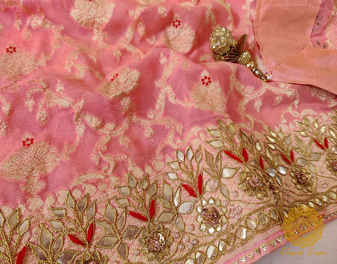 Pale Peach Banarasi Pure Georgette Gota Embroidered Saree – Handloom Saree Online India | Elegantt Drapes