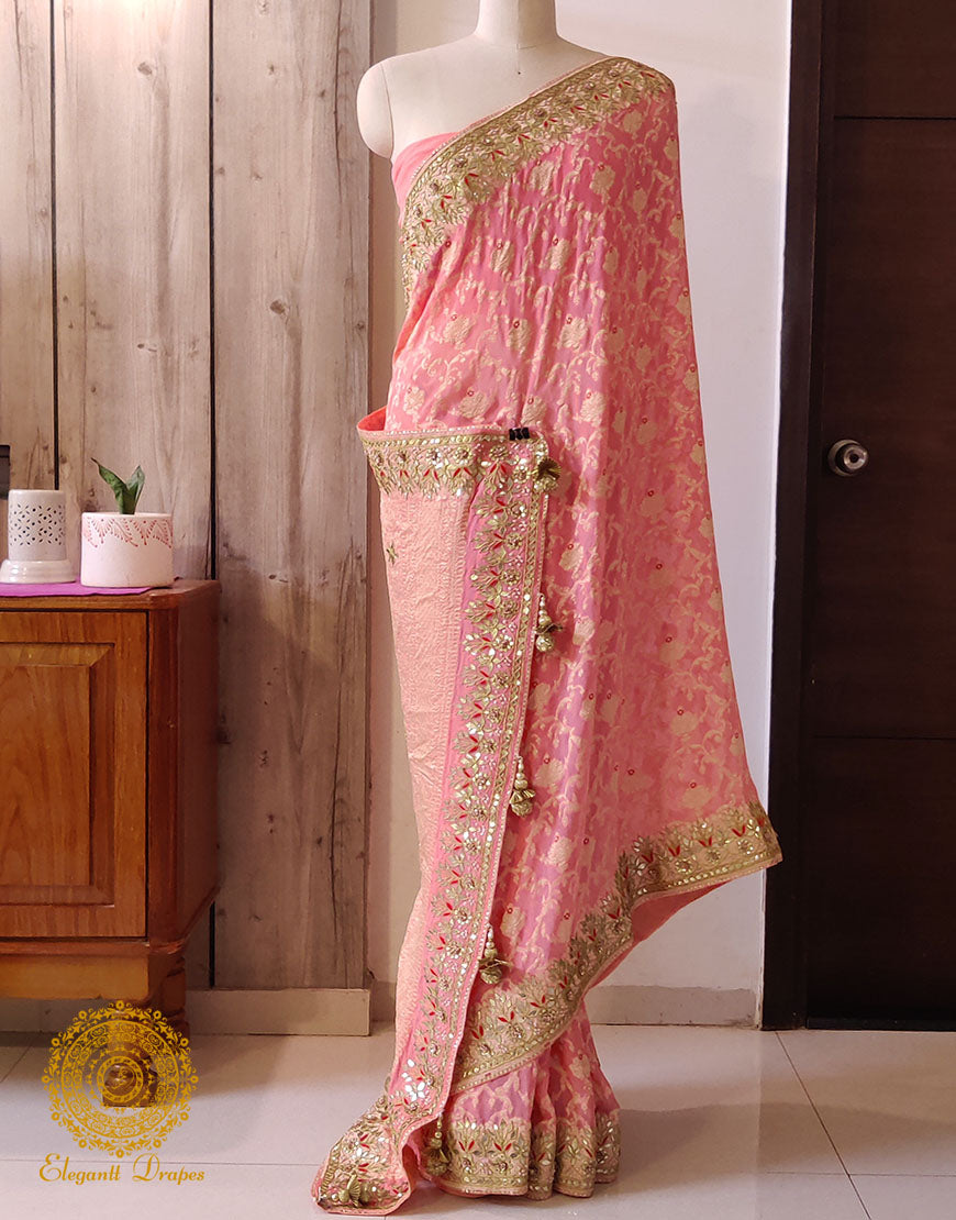 Pale Peach Banarasi Pure Georgette Gota Embroidered Saree – Handloom Saree Online India | Elegantt Drapes