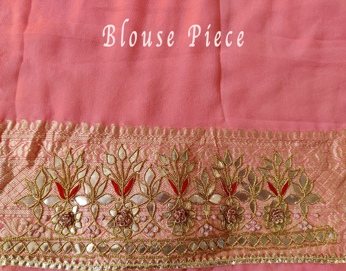 Pale Peach Banarasi Pure Georgette Gota Embroidered Saree – Handloom Saree Online India | Elegantt Drapes