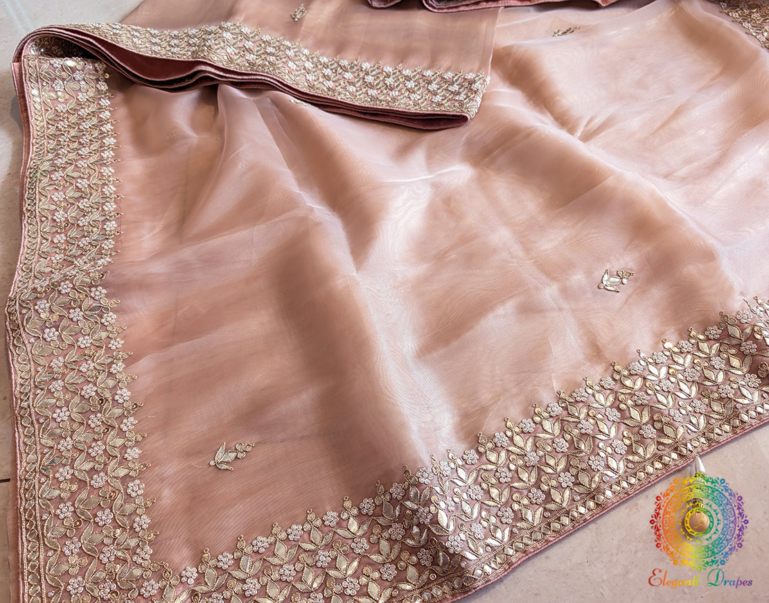 Pale Peach Tissue Organza Gota Patti Saree – Handloom Saree Online India | Elegantt Drapes