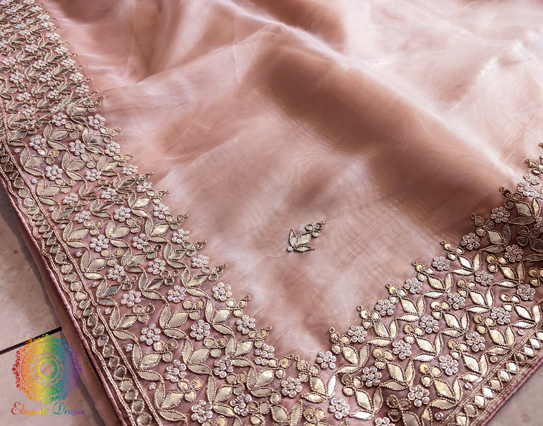 Pale Peach Tissue Organza Gota Patti Saree – Handloom Saree Online India | Elegantt Drapes