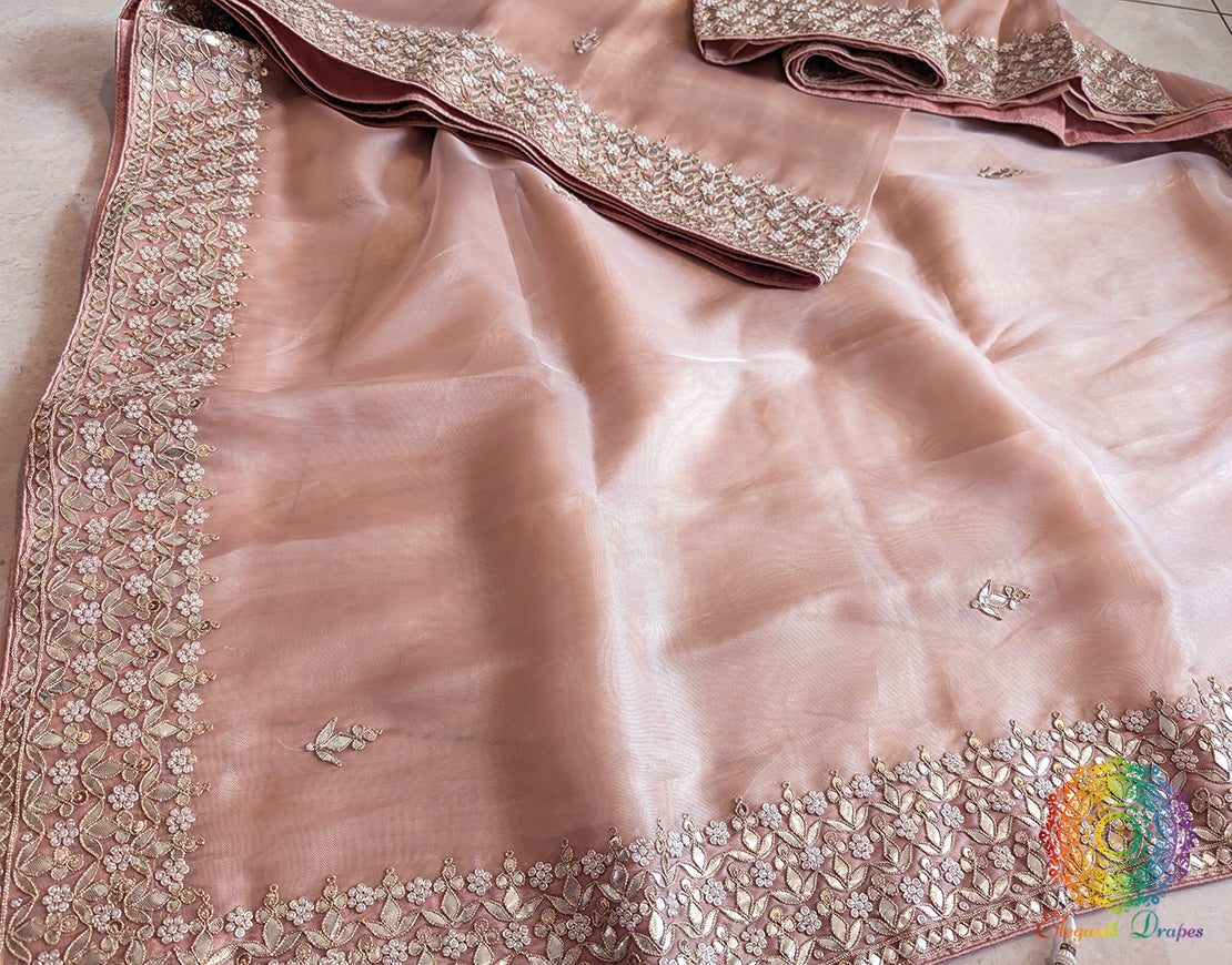 Pale Peach Tissue Organza Gota Patti Saree – Handloom Saree Online India | Elegantt Drapes