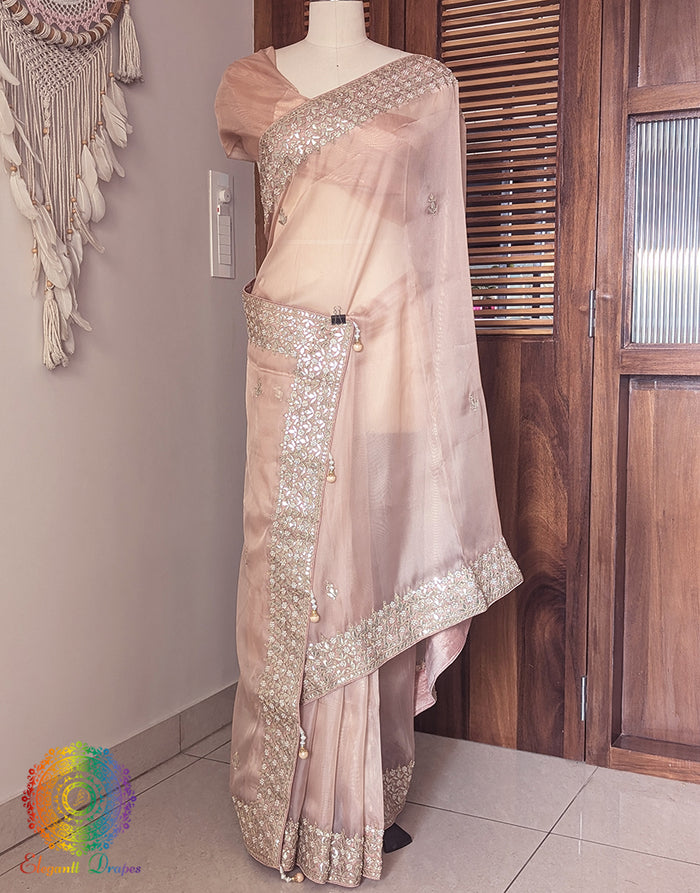 Pale Peach Tissue Organza Gota Patti Saree – Handloom Saree Online India | Elegantt Drapes