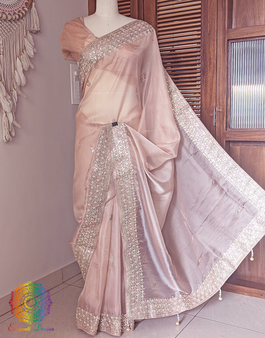 Pale Peach Tissue Organza Gota Patti Saree – Handloom Saree Online India | Elegantt Drapes
