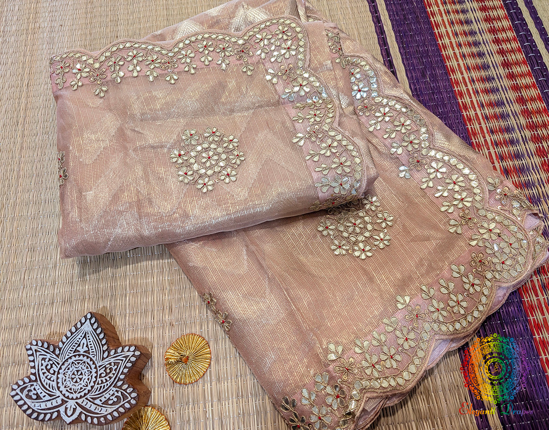 Peach Tissue Silk Gota Patti Handwork Saree – Handloom Saree Online India | Elegantt Drapes