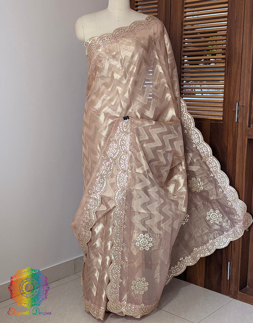 Peach Tissue Silk Gota Patti Handwork Saree – Handloom Saree Online India | Elegantt Drapes