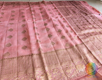 Peach Banarasi Handloom Pure Linen Saree – Handloom Saree Online India | Elegantt Drapes