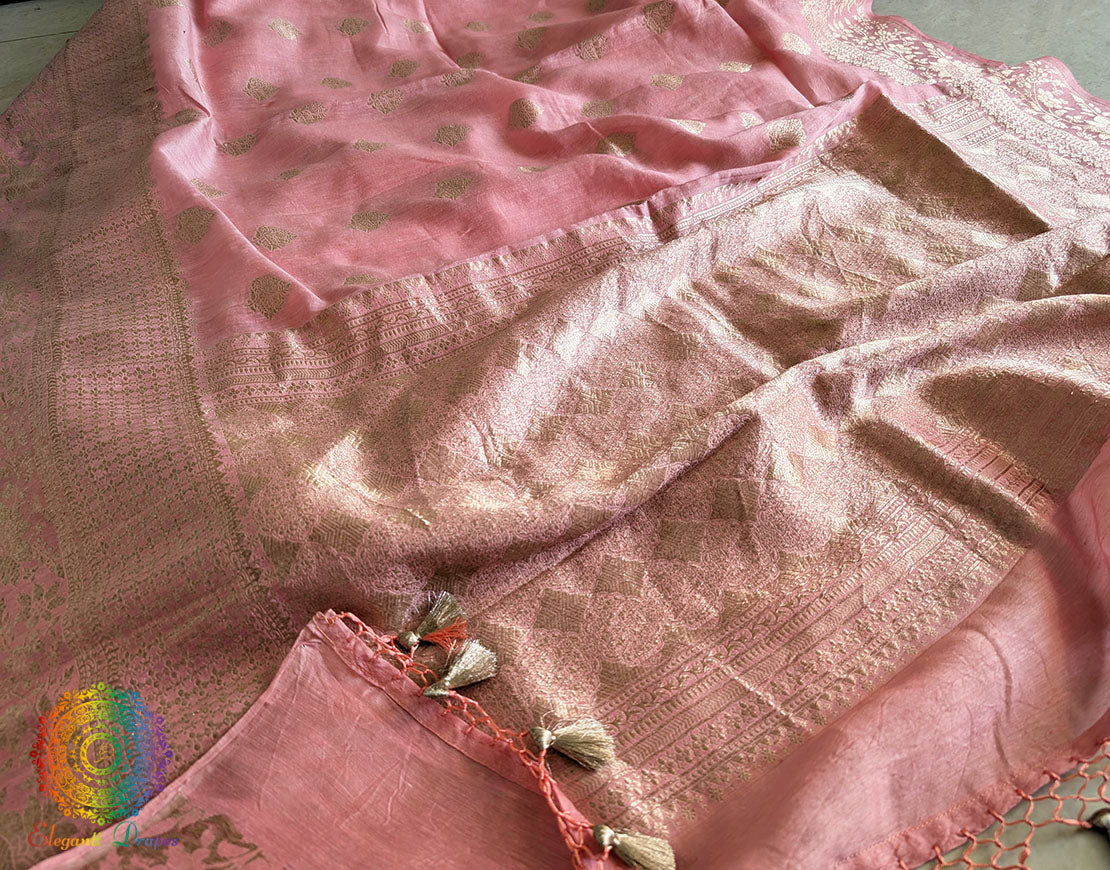 Peach Banarasi Handloom Pure Linen Saree – Handloom Saree Online India | Elegantt Drapes