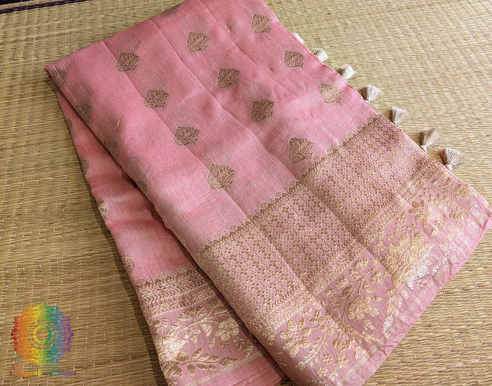 Peach Banarasi Handloom Pure Linen Saree – Handloom Saree Online India | Elegantt Drapes