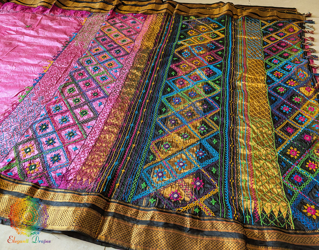 Pink Black Pure Ilkal Silk Lambani Handwork Saree – Ilkal Handloom Saree Online India | Elegantt Drapes