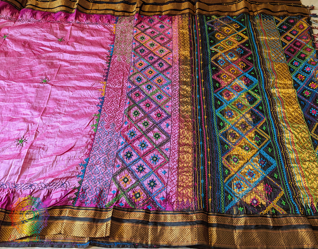 Pink Black Pure Ilkal Silk Lambani Handwork Saree – Ilkal Handloom Saree Online India | Elegantt Drapes