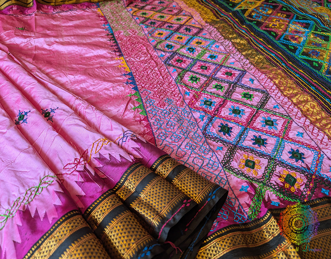 Pink Black Pure Ilkal Silk Lambani Handwork Saree – Ilkal Handloom Saree Online India | Elegantt Drapes