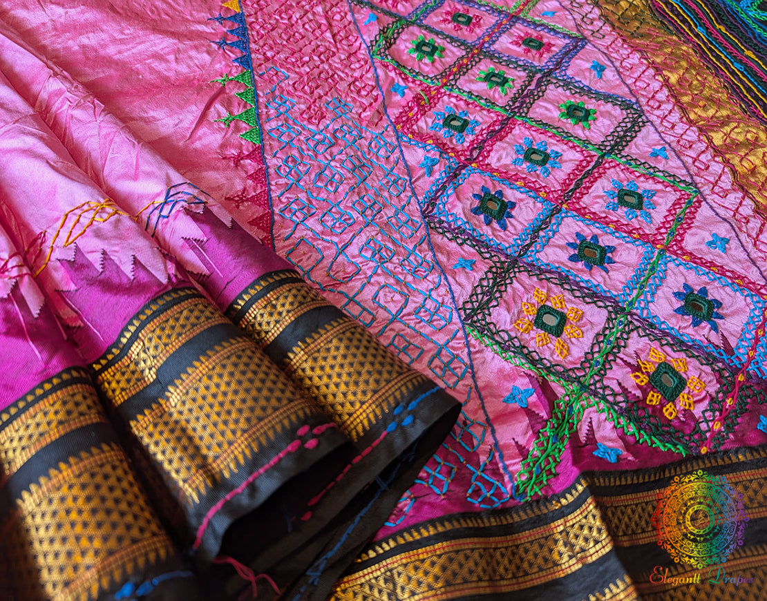 Pink Black Pure Ilkal Silk Lambani Handwork Saree – Ilkal Handloom Saree Online India | Elegantt Drapes