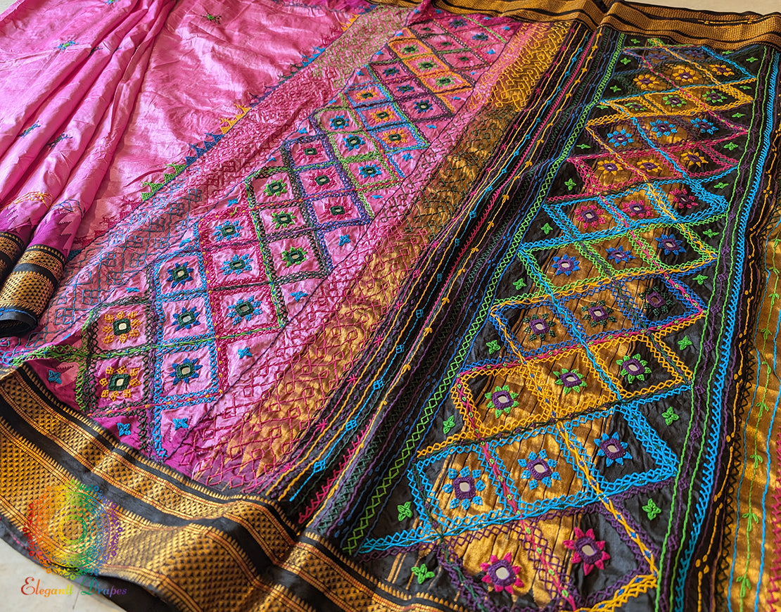 Pink Black Pure Ilkal Silk Lambani Handwork Saree – Ilkal Handloom Saree Online India | Elegantt Drapes