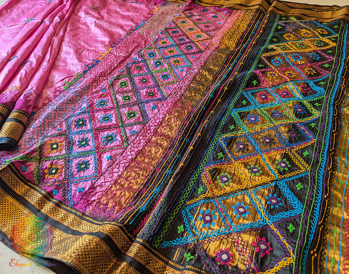 Pink Black Pure Ilkal Silk Lambani Handwork Saree – Ilkal Handloom Saree Online India | Elegantt Drapes