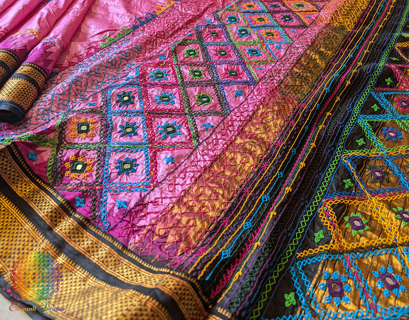 Pink Black Pure Ilkal Silk Lambani Handwork Saree – Ilkal Handloom Saree Online India | Elegantt Drapes