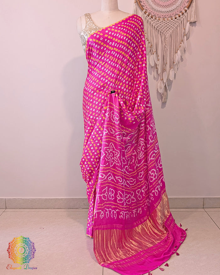 Pink Pure Gajji Silk Bandhani Saree 2 – Bandhani Saree Online India | Elegantt Drapes