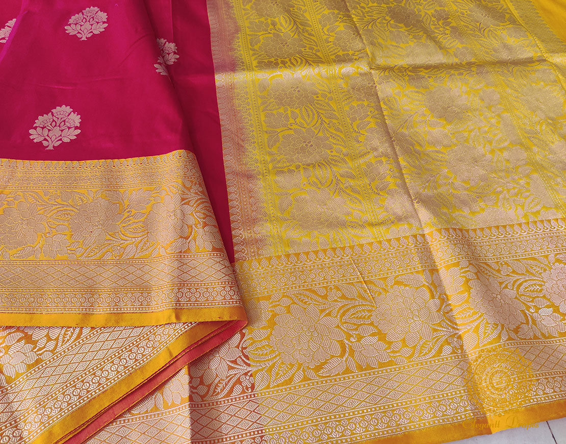 Pink Mustard Pure Banarasi Handloom Katan Silk Saree – Handloom Saree Online India | Elegantt Drapes