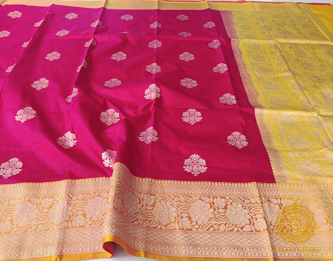 Pink Mustard Pure Banarasi Handloom Katan Silk Saree – Handloom Saree Online India | Elegantt Drapes
