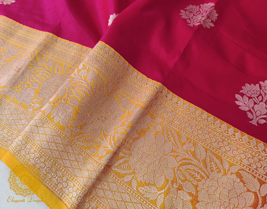 Pink Mustard Pure Banarasi Handloom Katan Silk Saree – Handloom Saree Online India | Elegantt Drapes