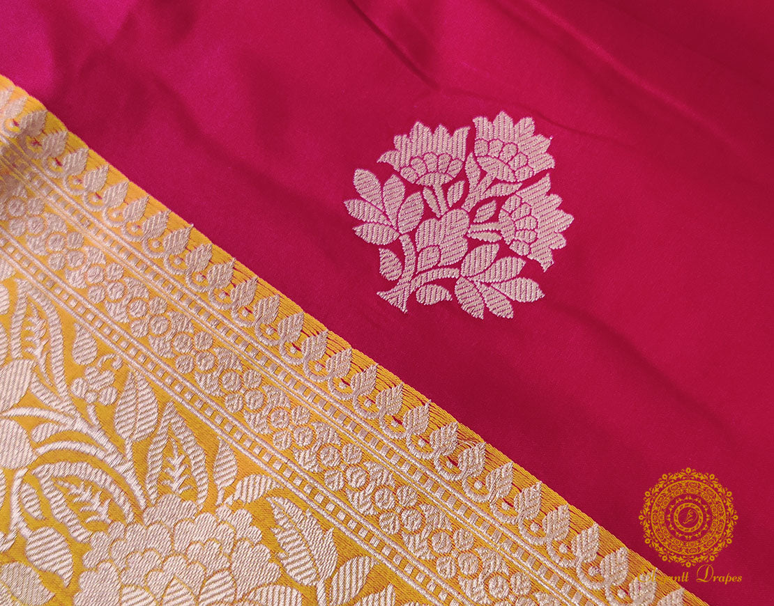 Pink Mustard Pure Banarasi Handloom Katan Silk Saree – Handloom Saree Online India | Elegantt Drapes